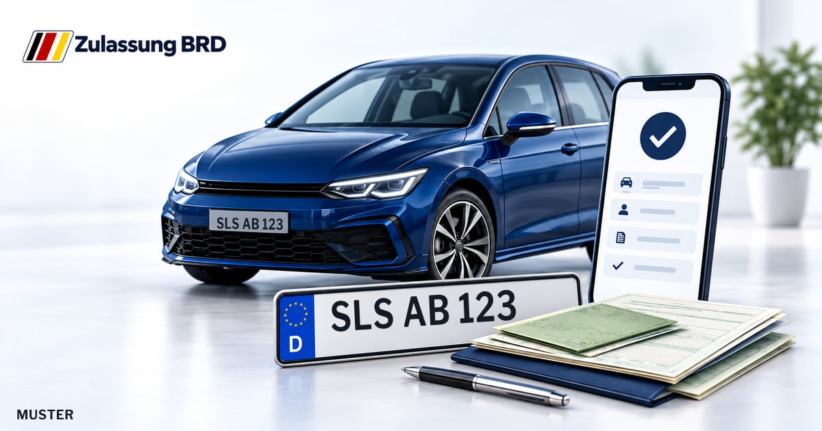 Online Fahrzeugzulassung in Saarlouis: Musterkennzeichen SLS AB 123, Auto und Fahrzeugpapiere und Smartphone. Illustration mit Logo von Zulassung BRD.